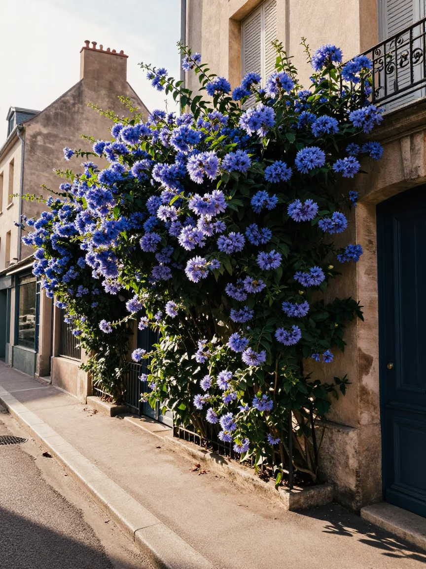 Colorful Lyon Street Scene with Plumbago Hedge and Vintage 1960s Atmosphere in in Lyon, France