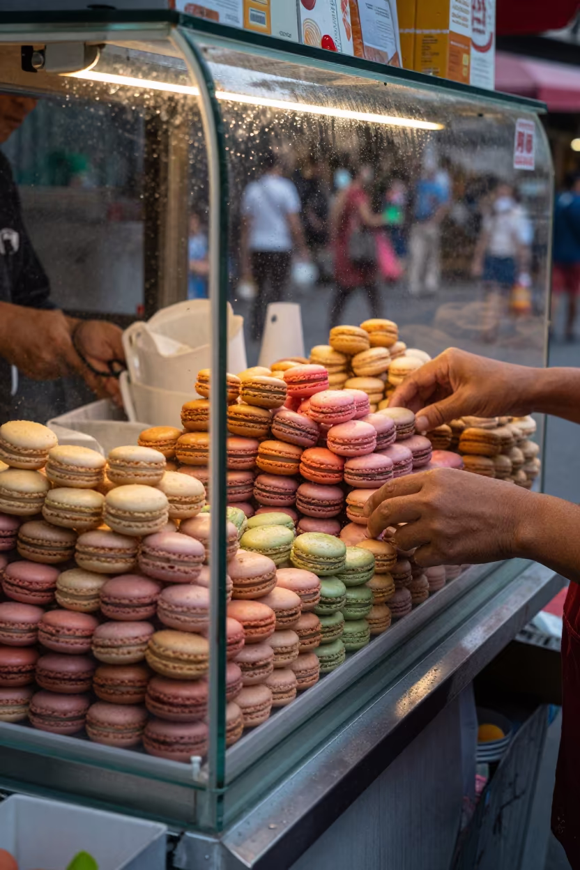 Colorful Macarons Stacked in Ho Chi Minh Market Stall in at a market stall in Ho Chi Minh City