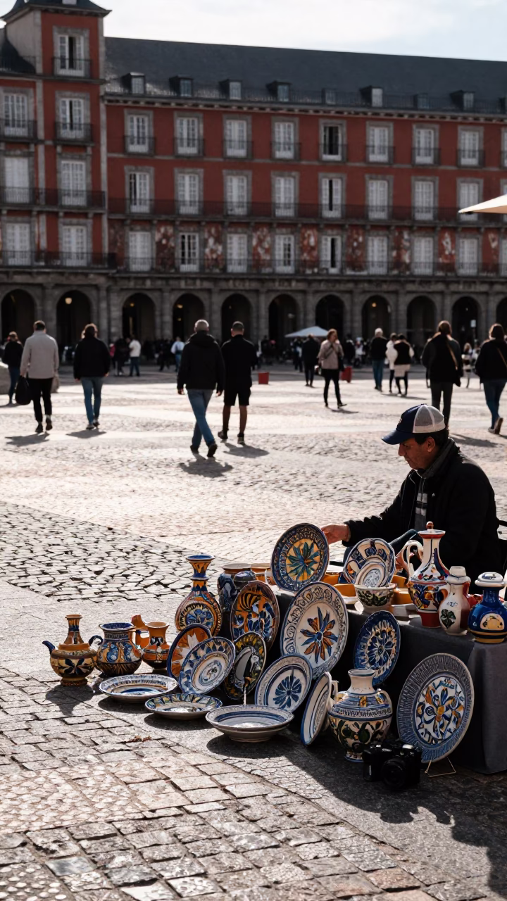 Colorful Madrid Afternoon Street Scene with Vintage Majolica Plate and Hinge Detail in in Madrid, Spain