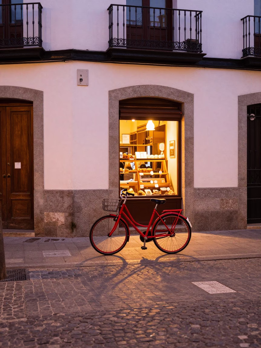 Colorful Madrid Evening Street Scene with Bicycle and Bakery at Honeyed Sunset Light in in Madrid, Spain