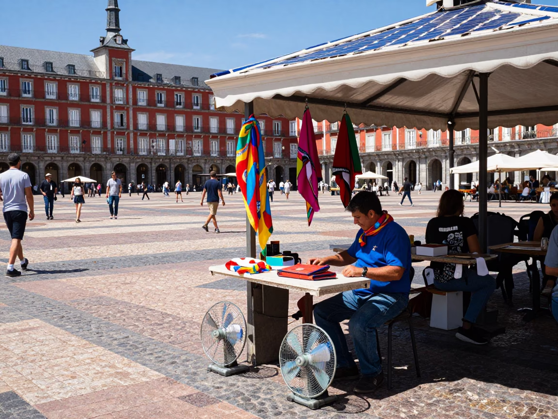 Colorful Madrid Plaza Scene with Scarf and Table Fans Under Noon Sun in in Madrid, Spain