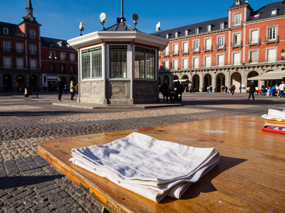 Colorful Madrid Street Scene with Linen Napkin and Crumbling Weather Station in Early Afternoon in in Madrid, Spain