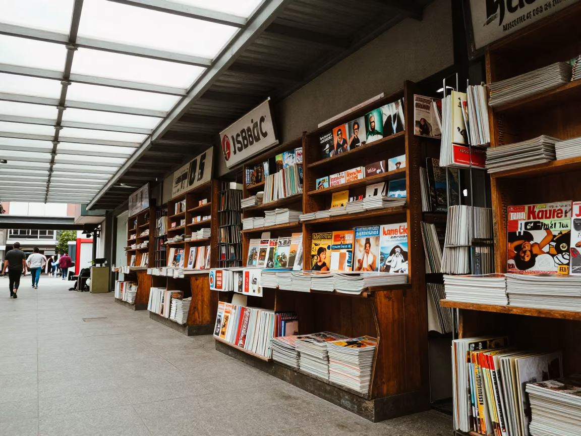 Colorful Magazine Newsstand in Bogota Skylight in inside a skylit passageway in Bogota