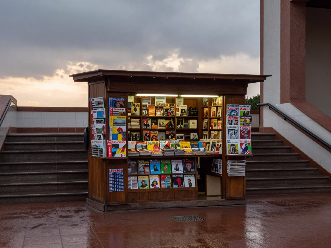 Colorful Magazine Newsstand in Villa Canales Stair Hall in inside a tiled stair hall in Villa Canales