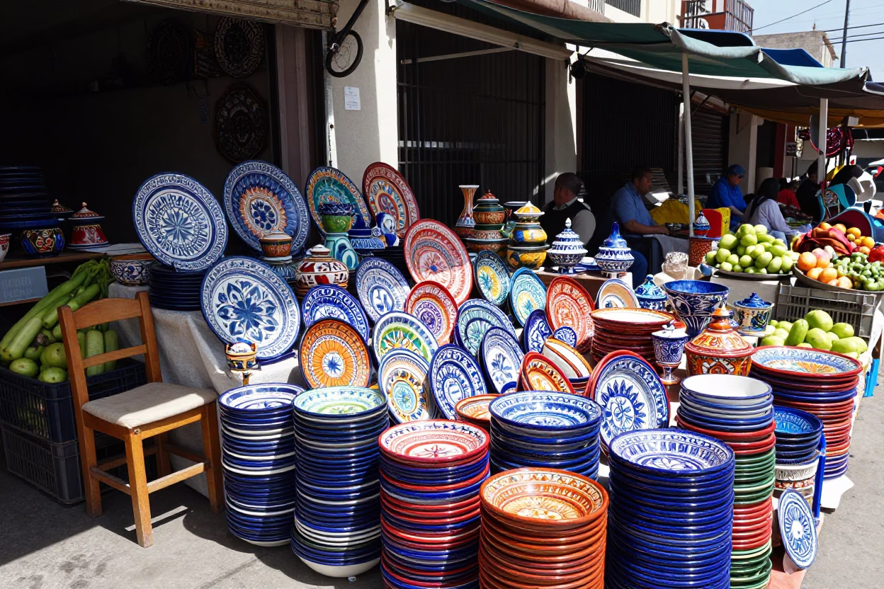 Colorful Majolica Plates and Enamel Bowls in Lima Peru Market Stall in in Lima, Peru
