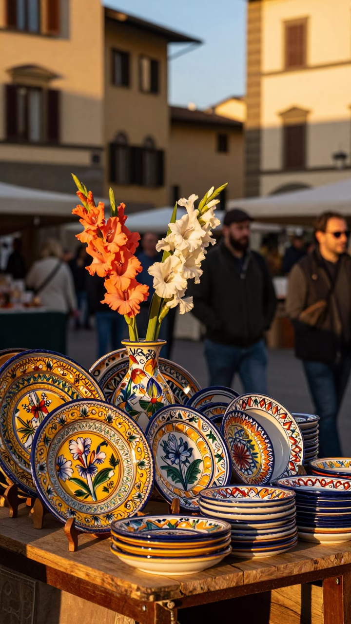 Colorful Majolica Plates and Gladiolus Blooms in Golden Hour Florence Street Market in in Florence, Italy
