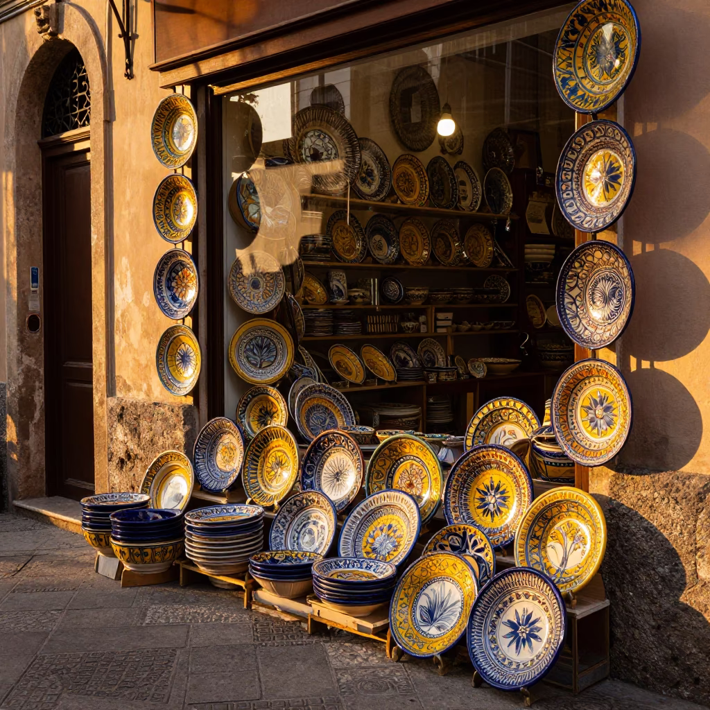 Colorful Majolica Plates Displayed in Palermo Shop Window at Golden Hour in in Palermo, Italy