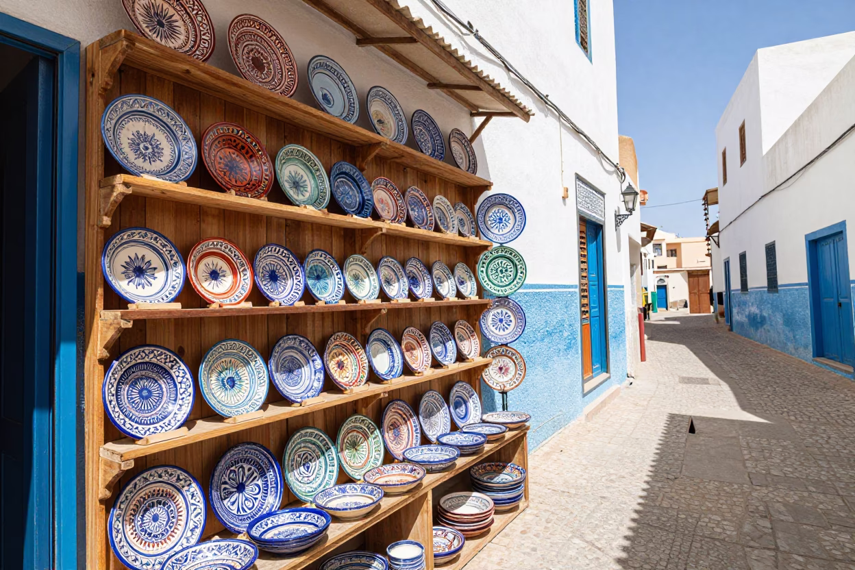 Colorful Majolica Plates Displayed on Wooden Shelf in Essaouira Morocco Midmorning Light in in Essaouira, Morocco