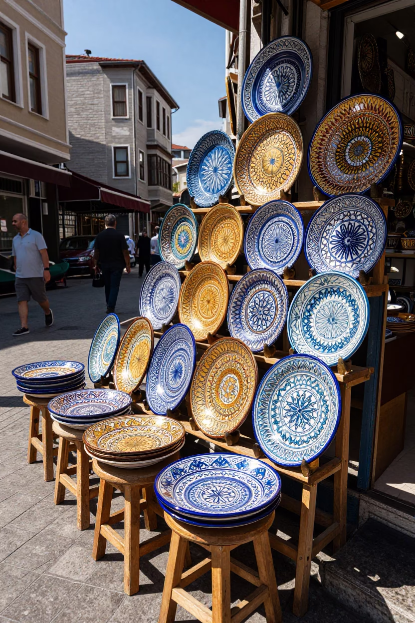 Colorful Majolica Plates Displayed on Wooden Stool in Istanbul Market in in Istanbul, Turkey