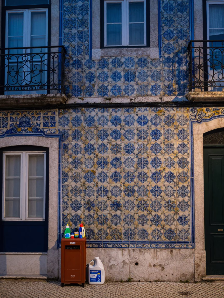 Colorful Majolica Tiles and Cleaning Supplies in Pre-Dawn Lisbon Alley in in Lisbon, Portugal
