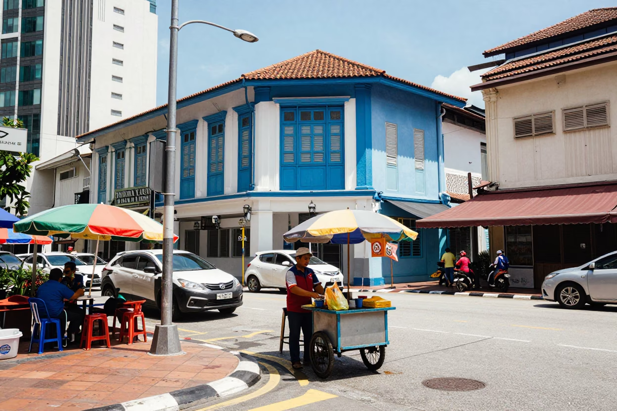 Colorful Malaysian Street Scene with Blue and White Porcelain Jar in Kuala Lumpur Noon in in Kuala Lumpur, Malaysia