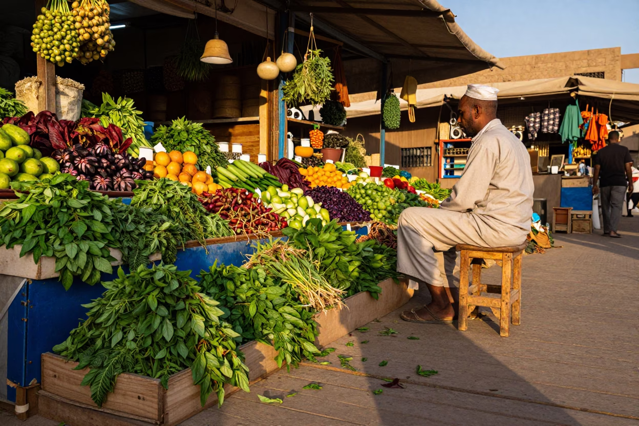 Colorful Market Stall in Luxor Egypt Late Afternoon Light with Stool and Basil in in Luxor, Egypt