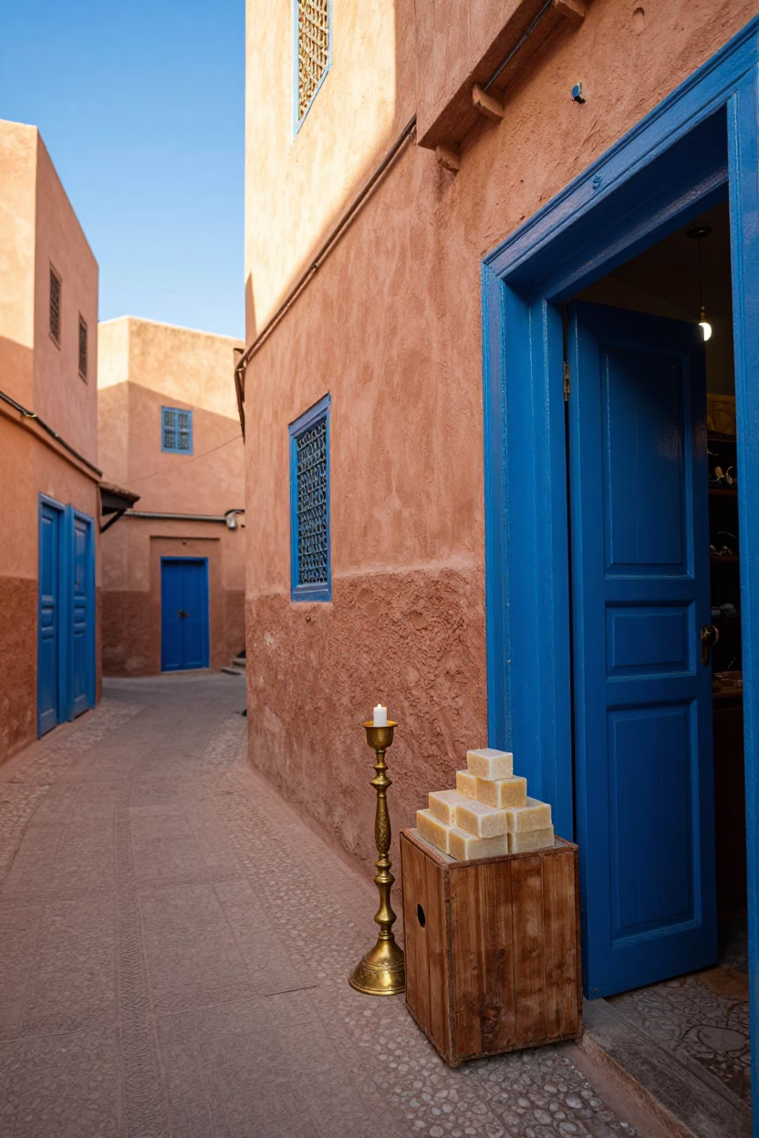 Colorful Marrakech Medina Street Scene with Candlestick and Soap Residue in Late Afternoon Light in in Marrakech, Morocco