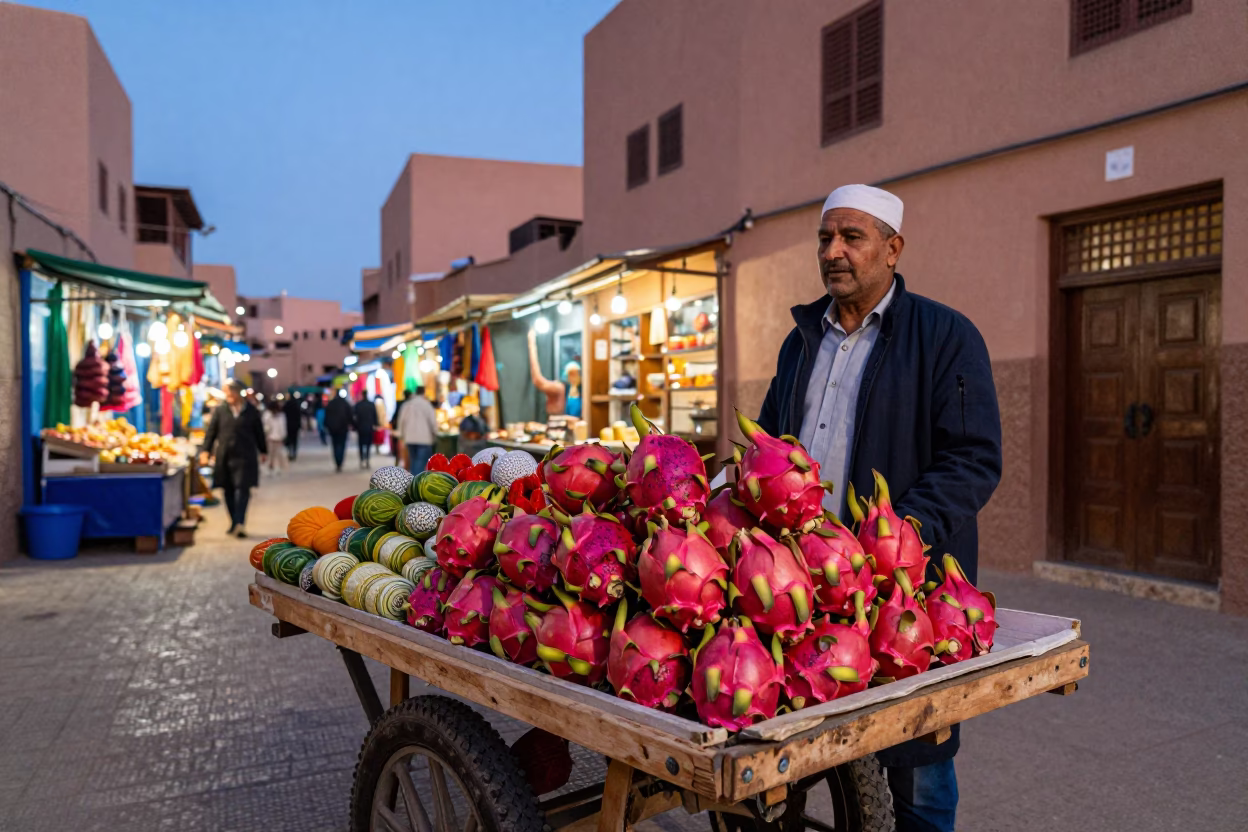 Colorful Marrakech Night Market Stall with Dragon Fruit and Glass Window Reflections in in Marrakech, Morocco