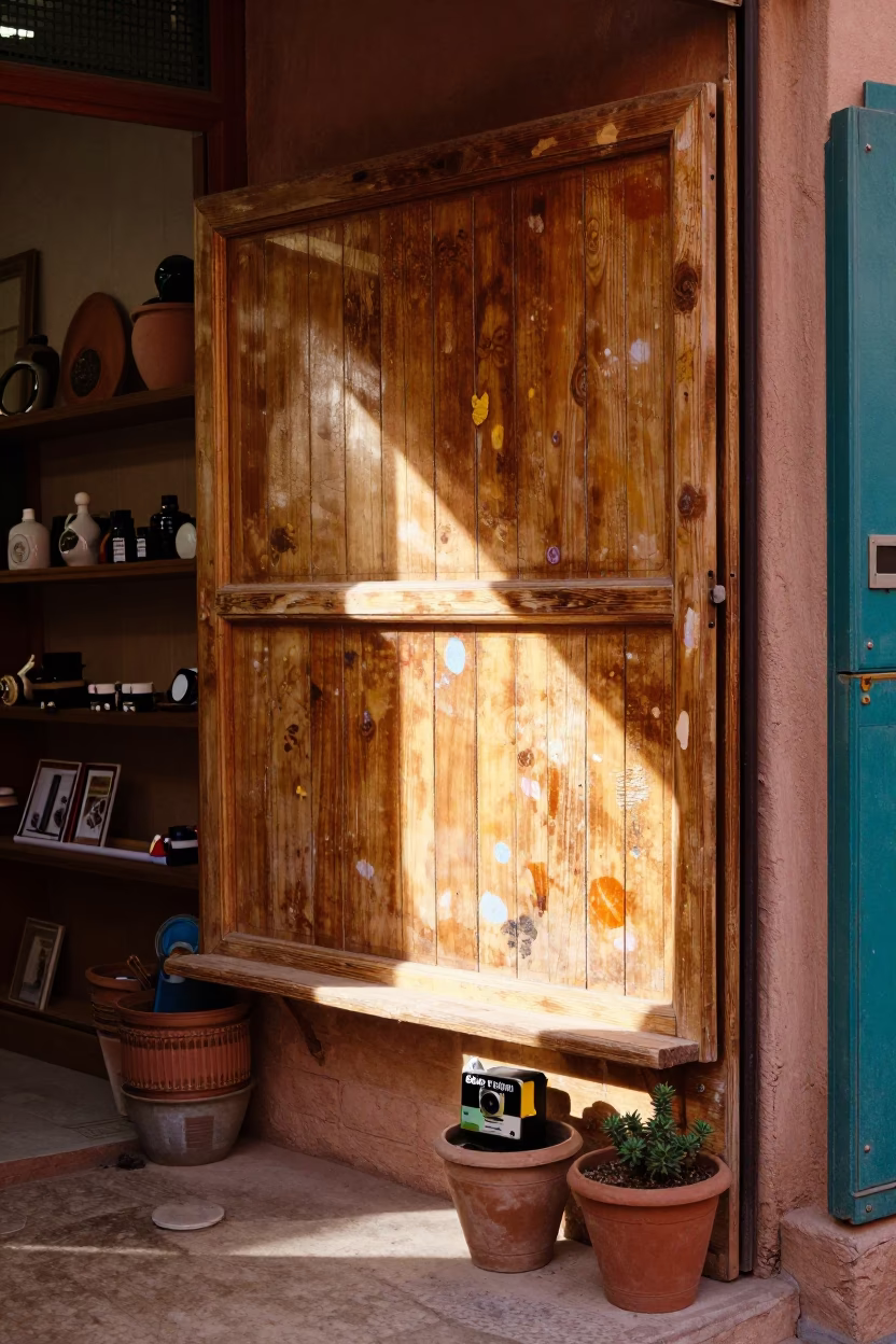 Colorful Marrakech Shop Interior with Paint Flecks and Potted Herbs in Early Afternoon Light in in Marrakech, Morocco