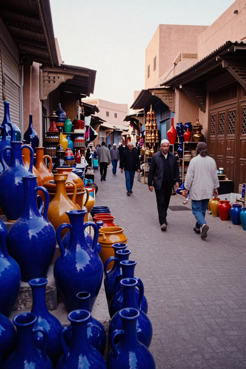 Colorful Marrakech Souk Morning Scene with Ceramic Jugs and Local Commerce in in Marrakech, Morocco