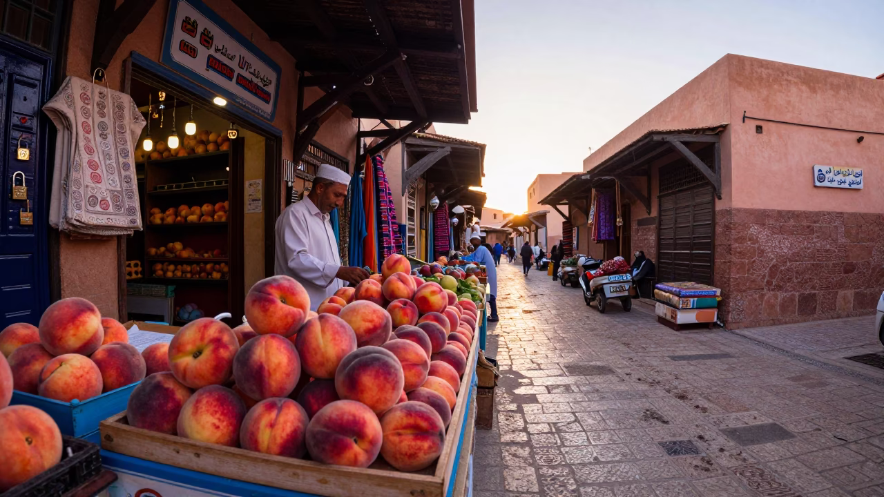 Colorful Marrakech Souk Morning Scene with Peaches and Padlock in Busy Market in in Marrakech, Morocco