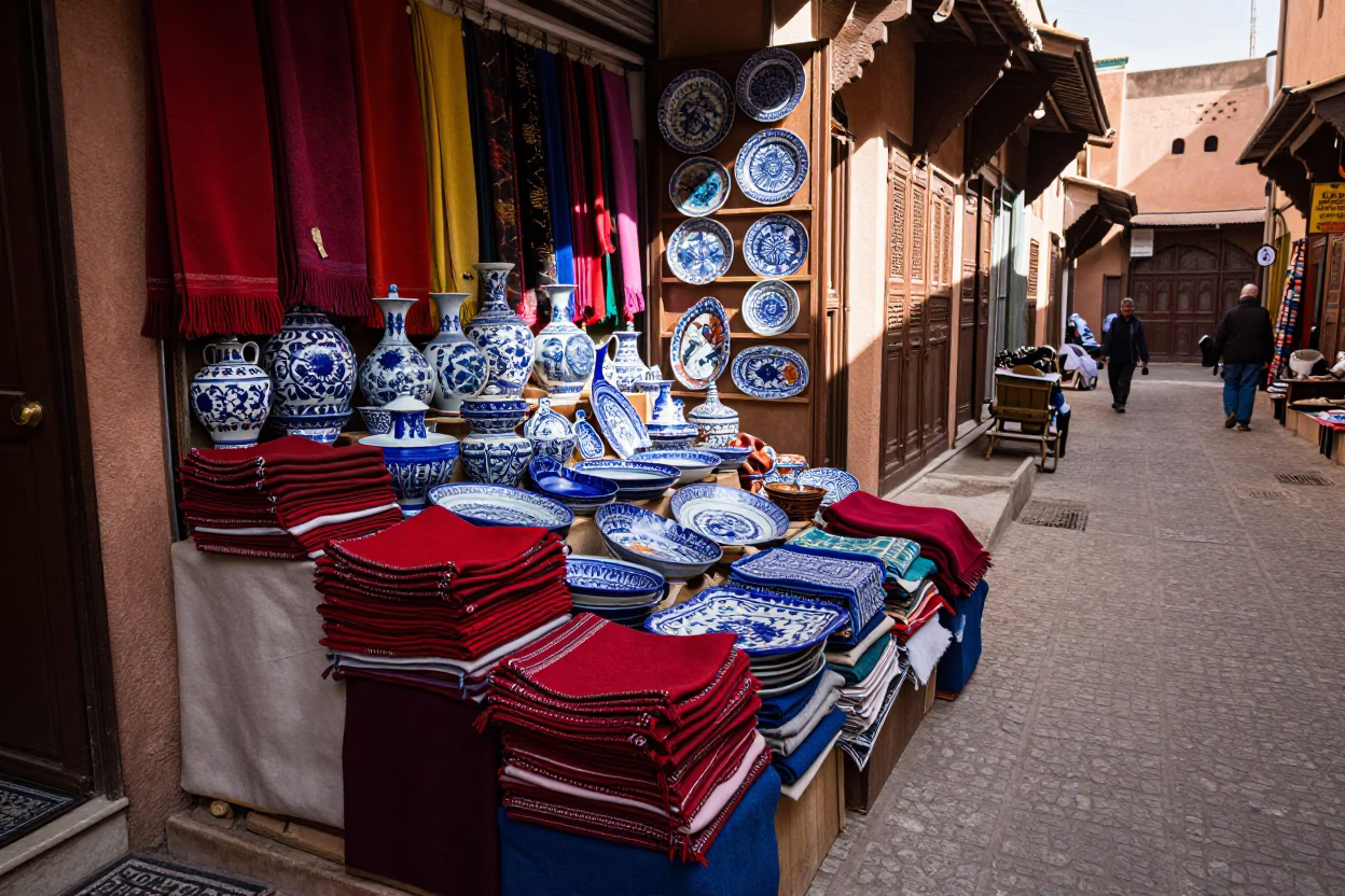 Colorful Marrakech Souk Stall Displaying Blue Porcelain and Wool Scarves in Early Afternoon Sunlight in in Marrakech, Morocco