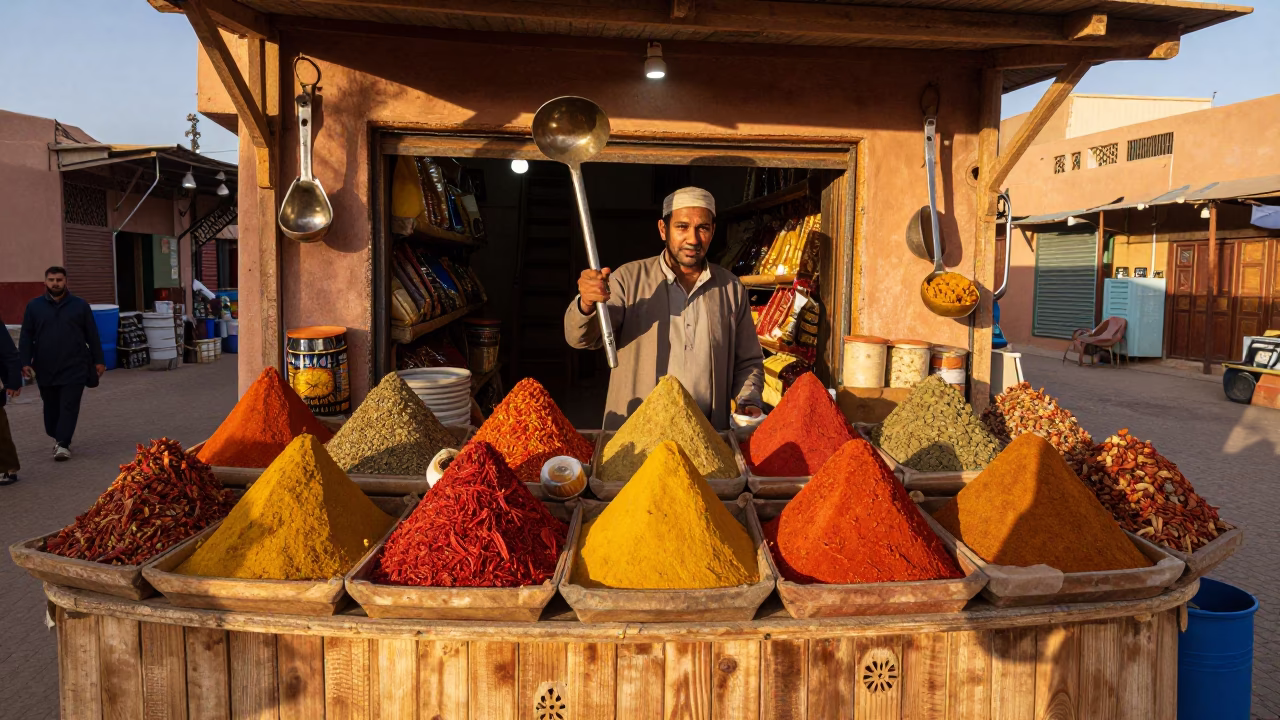 Colorful Marrakech Souk Stall with Ladle and Spices in Evening Light in in Marrakech, Morocco