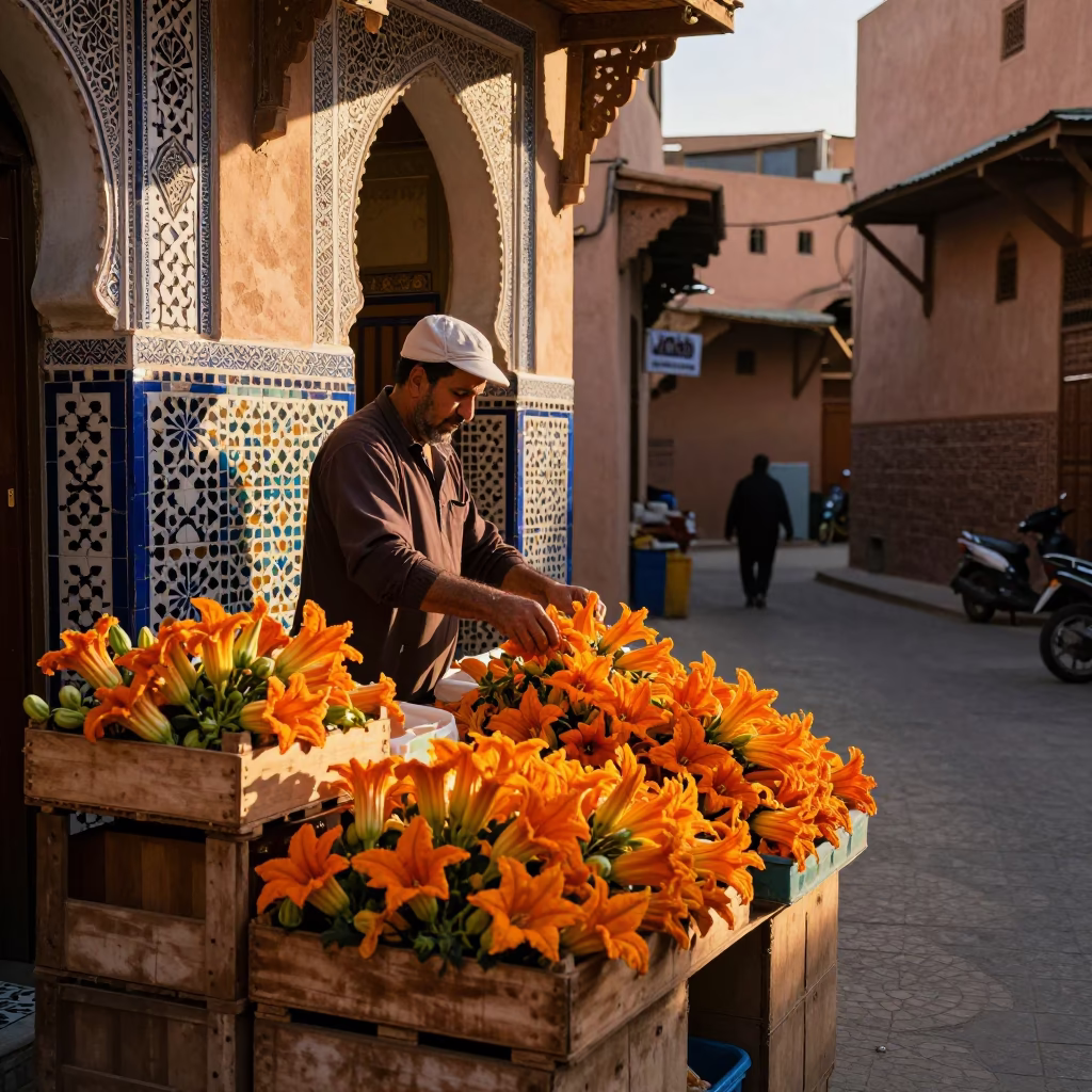 Colorful Marrakech Souk Stall with Squash Blossoms in Honeyed Evening Light in in Marrakech, Morocco