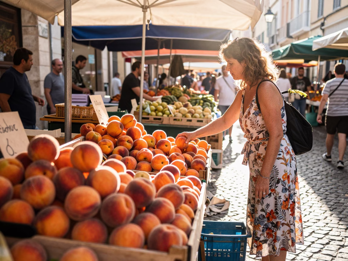 Colorful Marseille Morning Market Scene with Fresh Peaches and Camellia Blooms at Sunrise in in Marseille, France