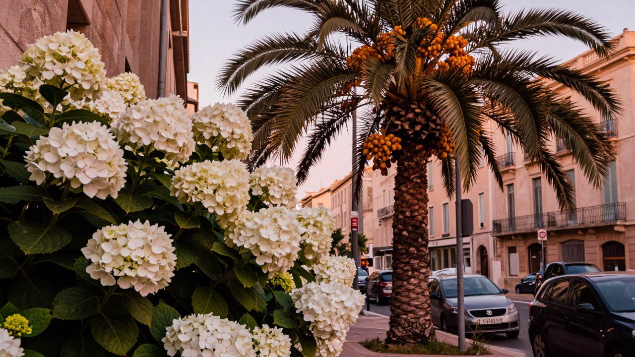 Colorful Marseille Street Scene with Hydrangeas and Date Palms in Copper Dusk Light in in Marseille, France