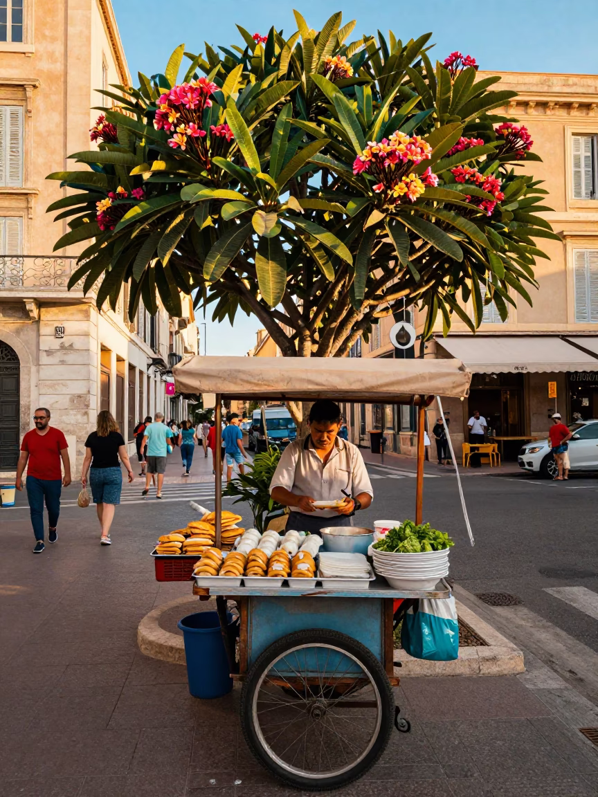Colorful Marseille Street Scene with Vietnamese Banh Cuon Tray and Frangipani Tree in in Marseille, France