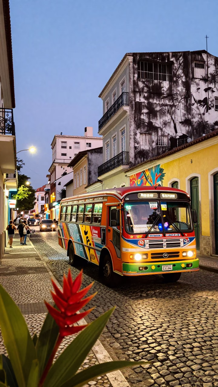 Colorful Matatu Bus and Heliconia Flowers in Salvador Brazil Evening Light in in Salvador, Brazil