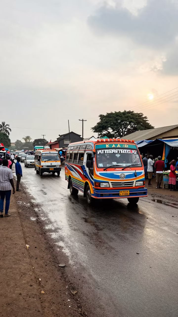 Colorful Matatu Weaving Through Kasane Market Traffic in on a wind-open causeway near Kasane