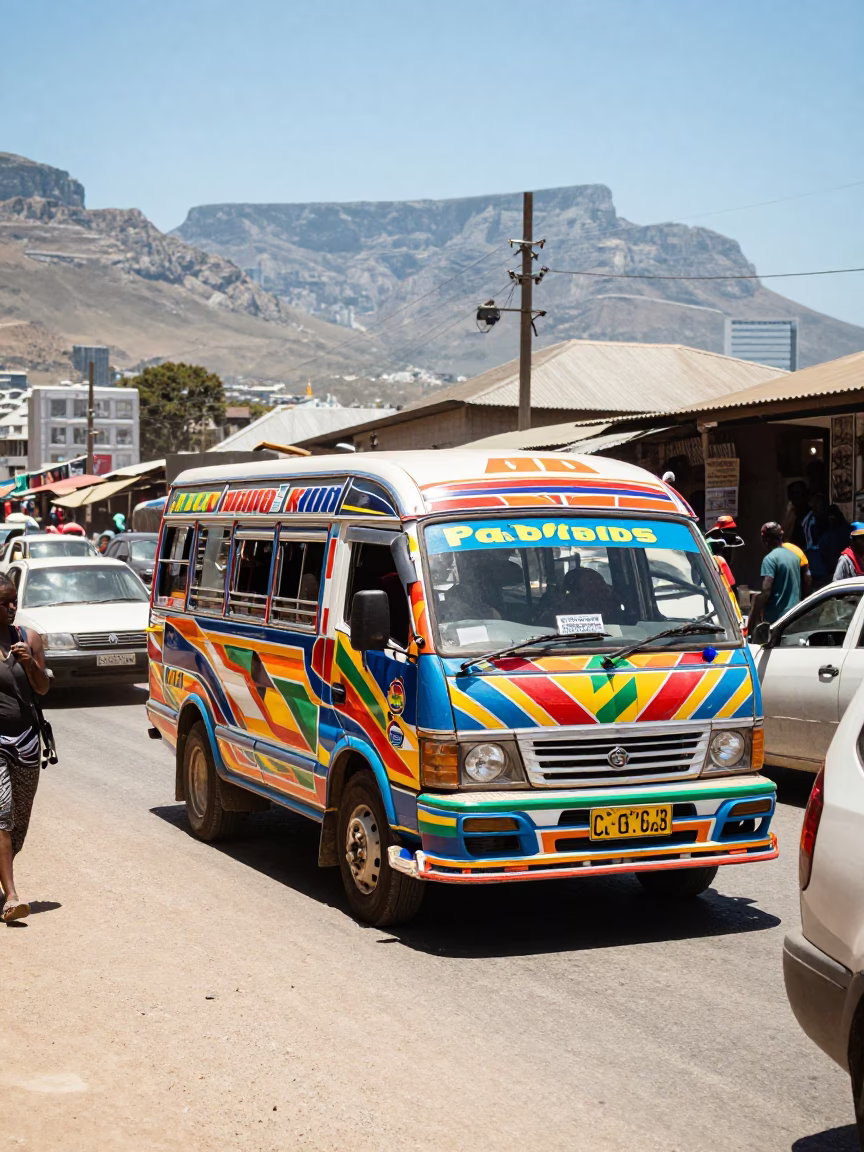Colorful Matatu Weaving Through Busy Cape Town Market Traffic at Midday in in Cape Town, South Africa