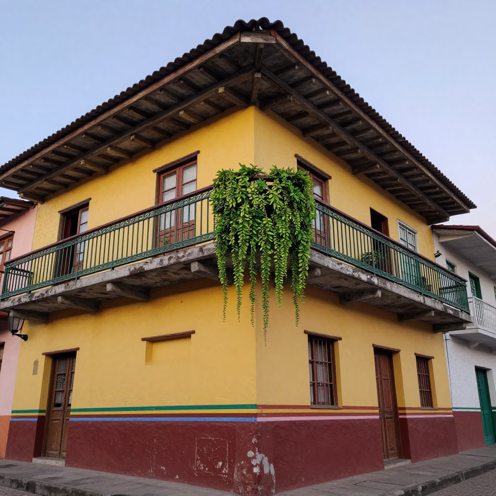 Colorful Medellin Balcony Scene with String of Pearls Plant and Evening Light in in Medellin, Colombia