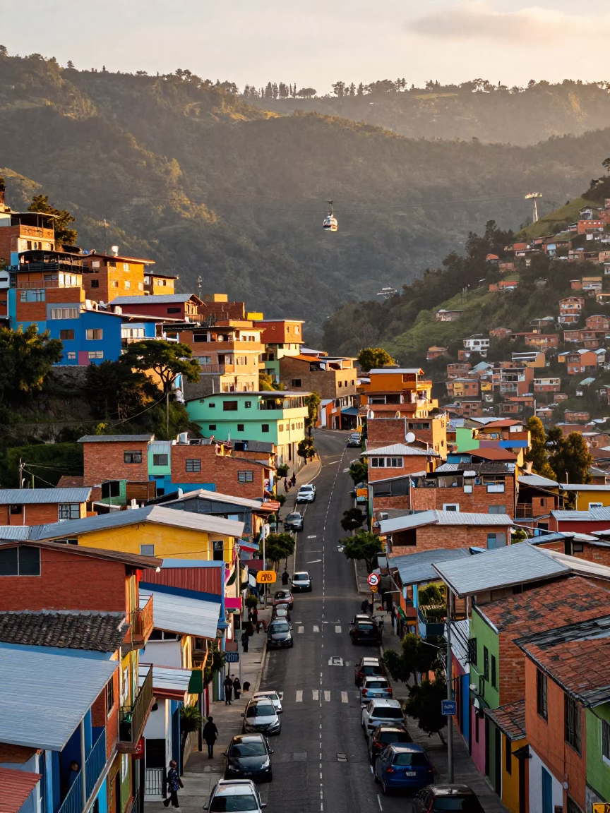 Colorful Medellin Colombia Street Scene After Sunrise with Cable Car and Local Life in in Medellin, Colombia