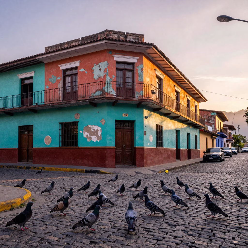 Colorful Medellin Colombia Street Scene at First Light Dawn with Pigeons and Local Architecture in in Medellin, Colombia