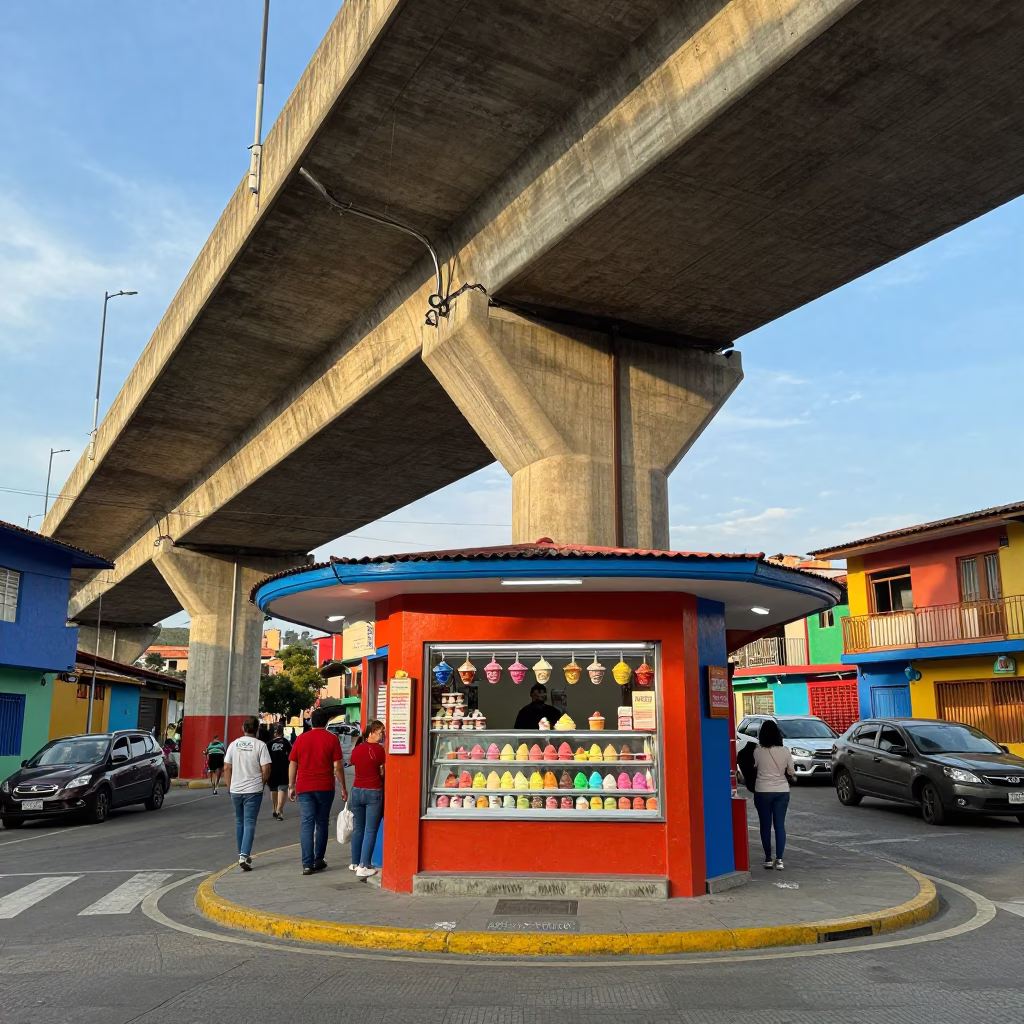 Colorful Medellin Street Corner Late Afternoon Highway Flyover and Local Shop Display in in Medellin, Colombia