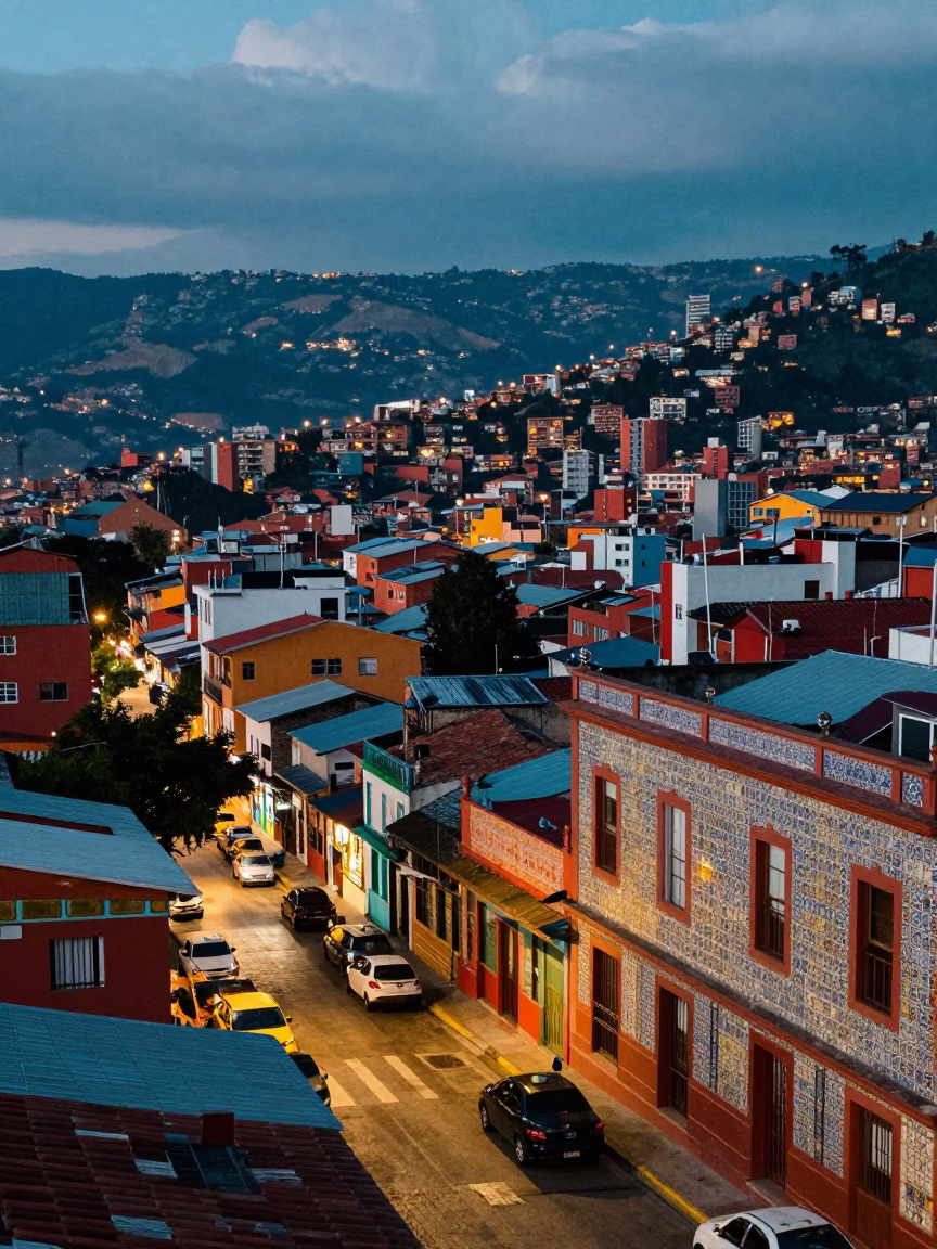 Colorful Medellin Street Scene at Dusk with Ceramic Tiles and Potted Plants in in Medellin, Colombia