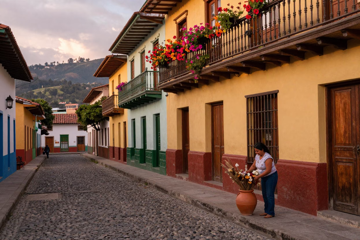 Colorful Medellin Street Scene with Balcony Flowers and Evening Light in in Medellin, Colombia