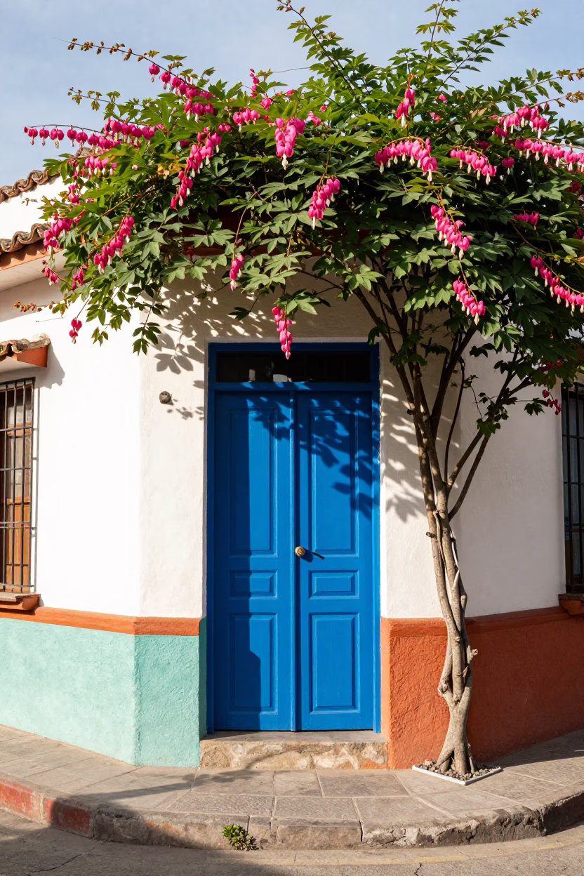 Colorful Medellin Street Scene with Blue Door and Hanging Flowers in in Medellin, Colombia