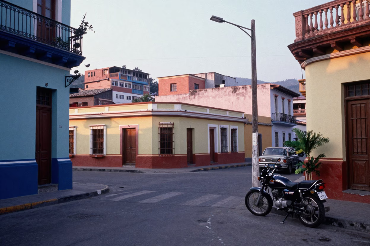 Colorful Medellin Street Scene with Motorcycle and Houseplant After Sunrise in in Medellin, Colombia
