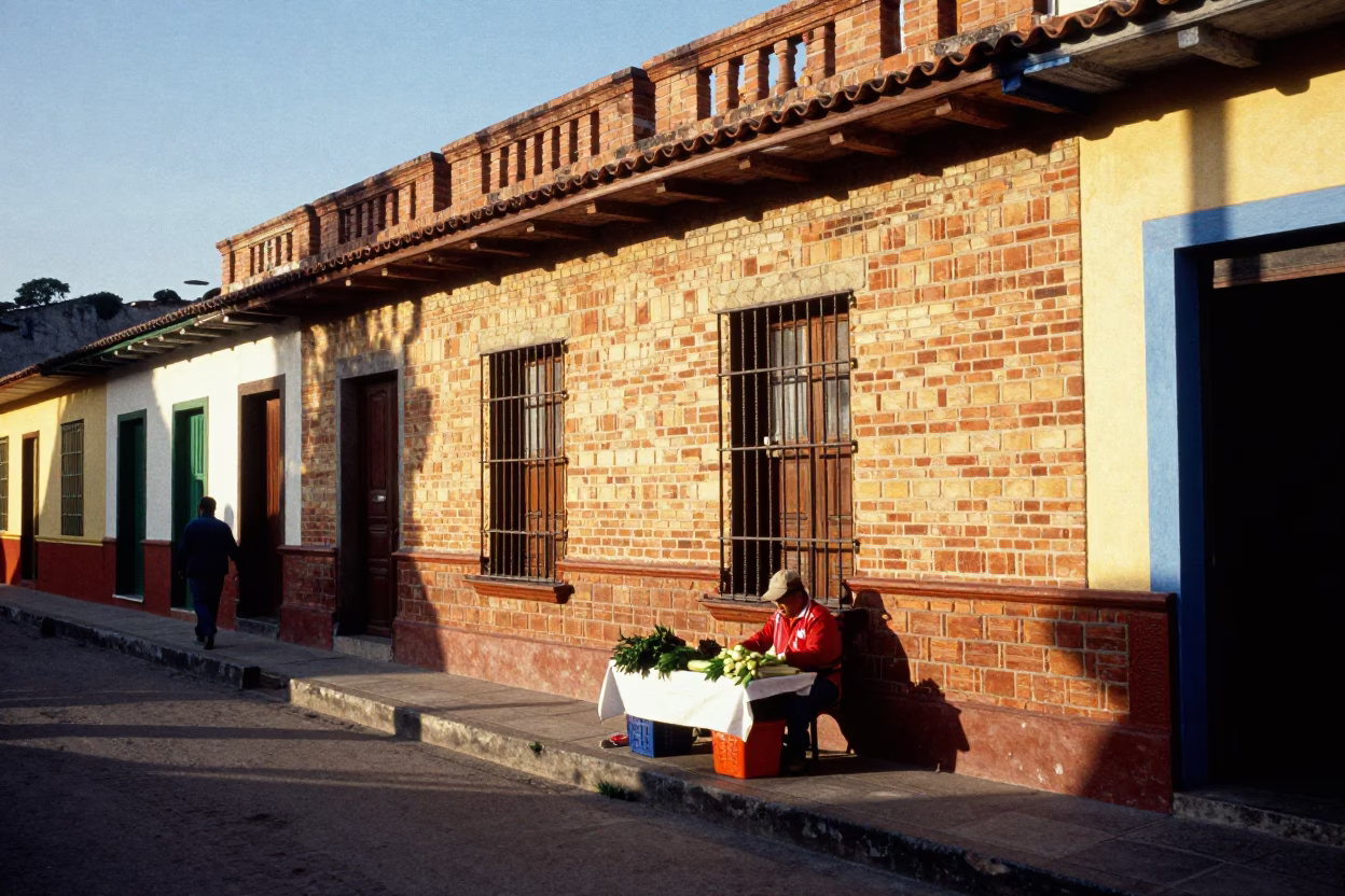 Colorful Medellin Street Scene with Sunlight Stripes and Local Life in in Medellin, Colombia
