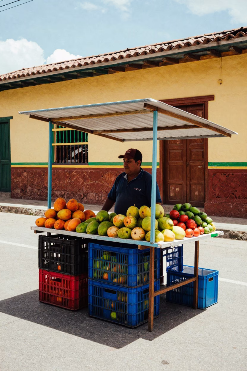 Colorful Medellin Street Stall Vendor with Fruit Crates Under Noon Sun in in Medellin, Colombia