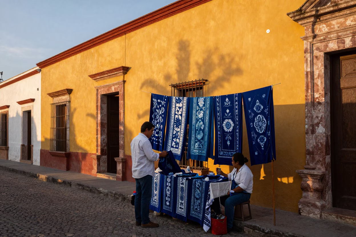 Colorful Merida Mexico Evening Street Scene with Local Vendor and Indigo Fabric in in Merida, Mexico
