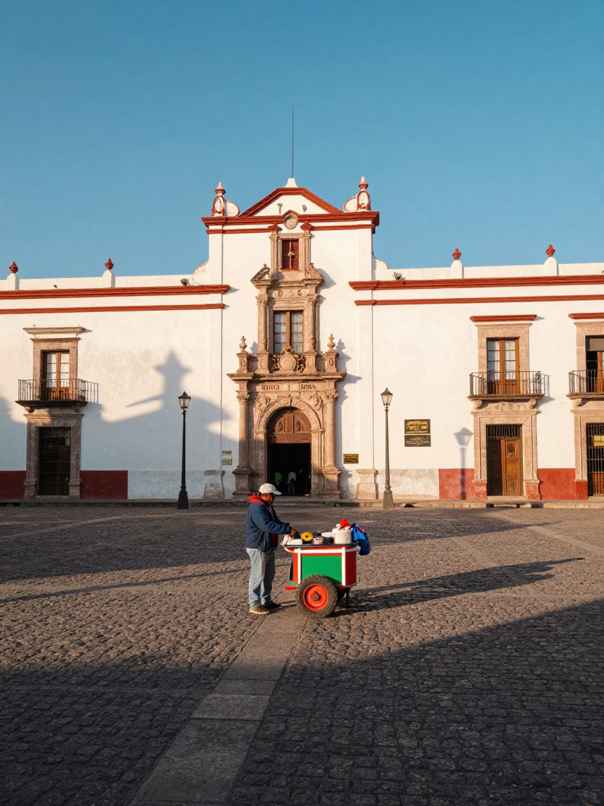 Colorful Merida Mexico Late Afternoon Street Scene with Local Vendor and Traditional Architecture in in Merida, Mexico