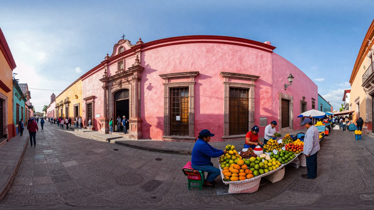Colorful Merida Mexico Morning Street Scene with Local Market Activity in in Merida, Mexico