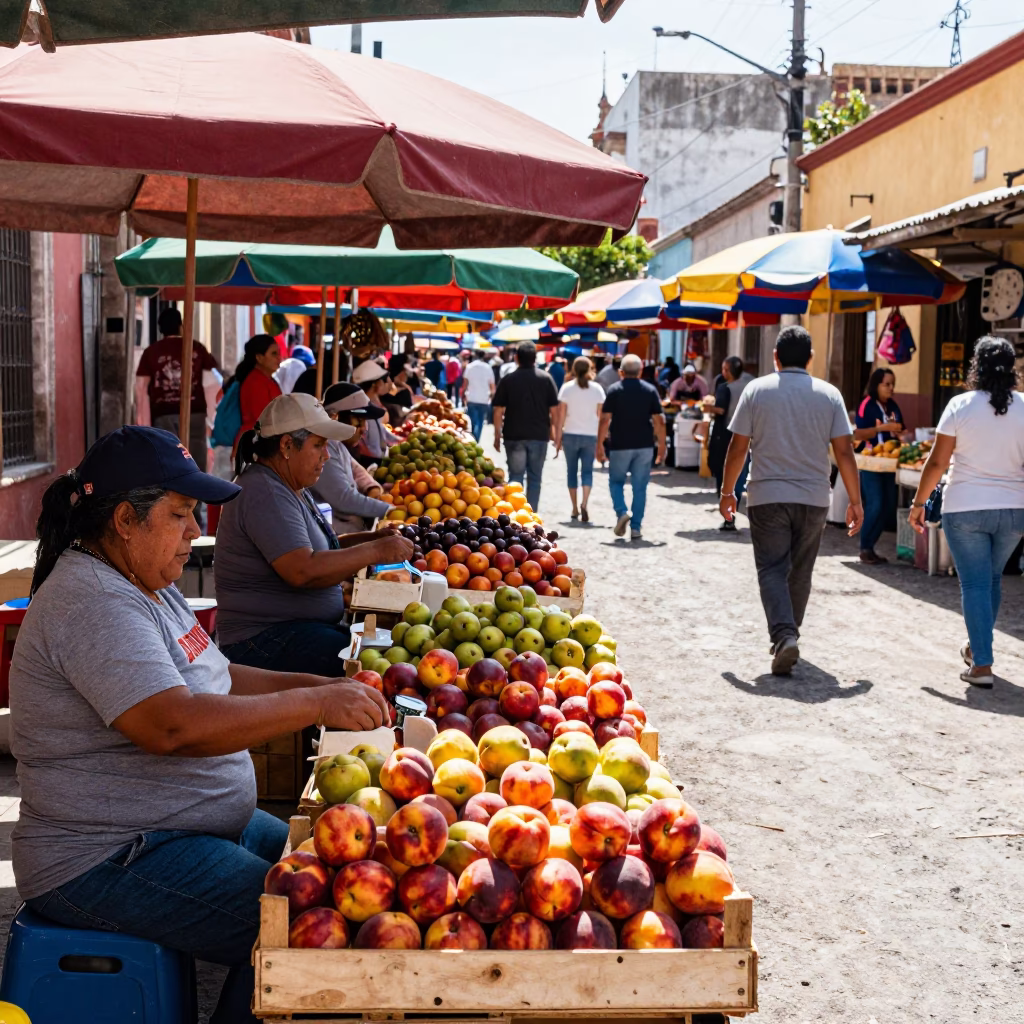 Colorful Merida Mexico Street Market Scene Under Bright Noon Sunlight in in Merida, Mexico