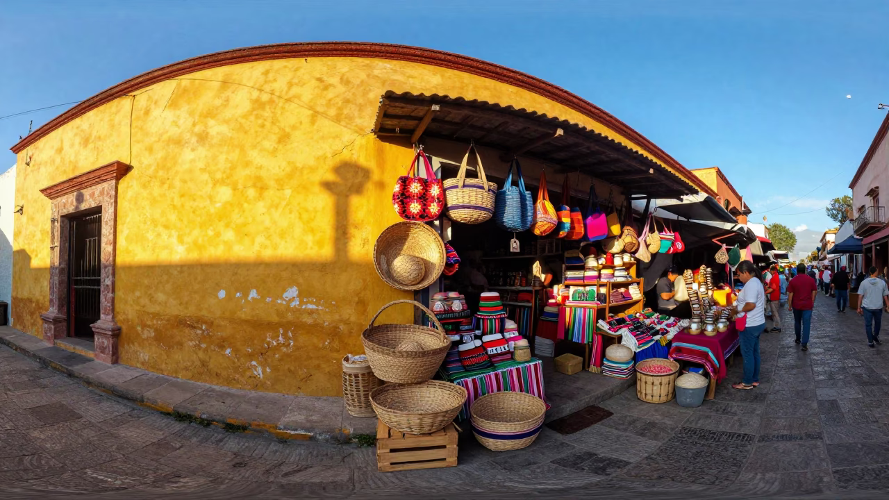 Colorful Merida Mexico Street Market Stall with Woven Basket and Majolica Plates After Sunrise in in Merida, Mexico