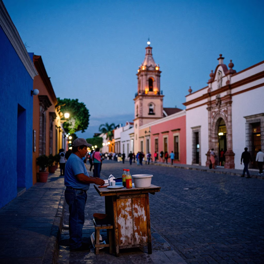 Colorful Merida Mexico Street Scene at Indigo Twilight with Local Vendor and Vintage Details in in Merida, Mexico