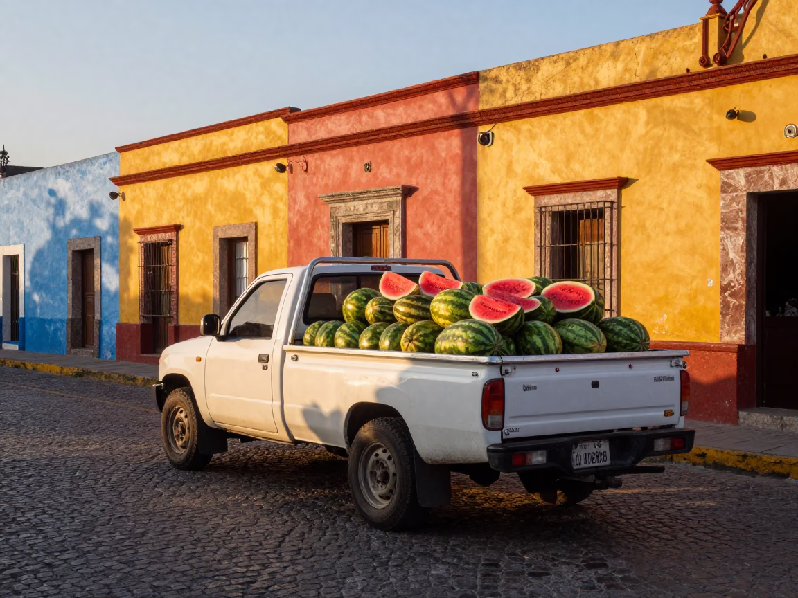 Colorful Merida Mexico Street Scene Early Evening with Truck and Peonies in in Merida, Mexico