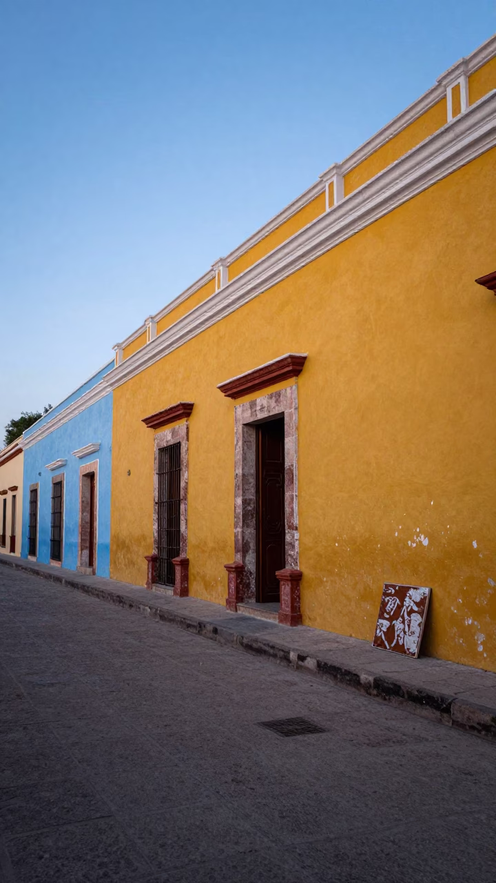 Colorful Merida Street Scene at Nautical Dawn with Local Architecture and Everyday Details in in Merida, Mexico