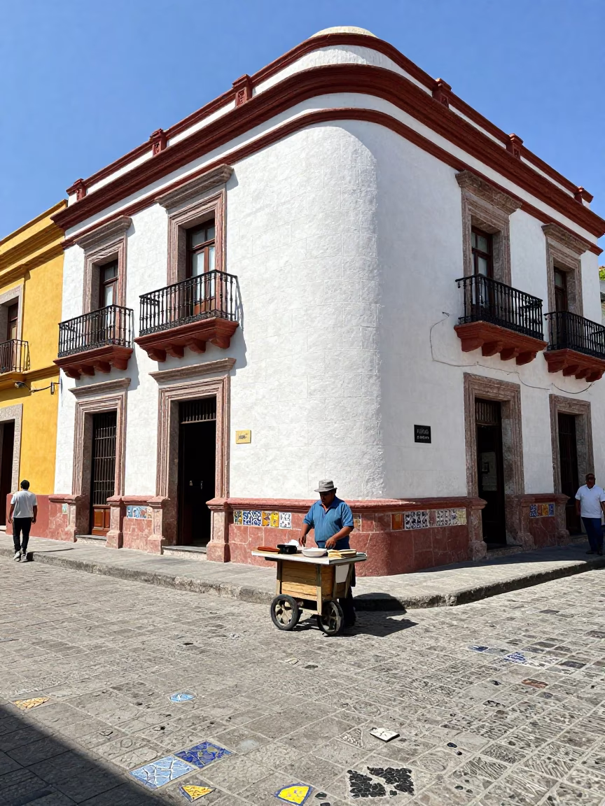 Colorful Merida Street Scene with Mosaic Tile Fragments and Local Market Activity in in Merida, Mexico