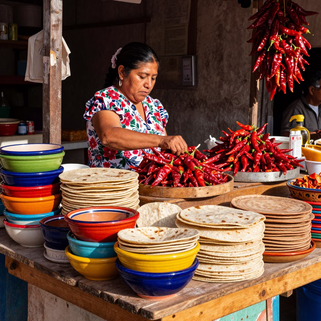 Colorful Mexican Market Stall Displaying Fresh Tortillas and Local Produce in Late Afternoon Sunlight in in Guadalajara, Mexico